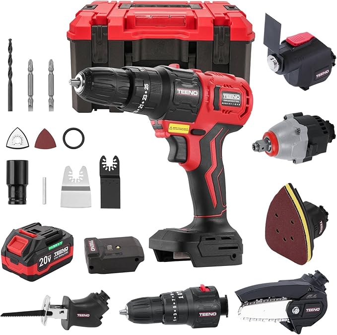TEENO 20V MAX Power Tool Combo Kit, 7 Tool Cordless Power Tool Set with 3.0Ah Battery, Charger, and Tool Box Included, Brushless Combo Kit for Home Improvement, Yard Work & Woodworking
