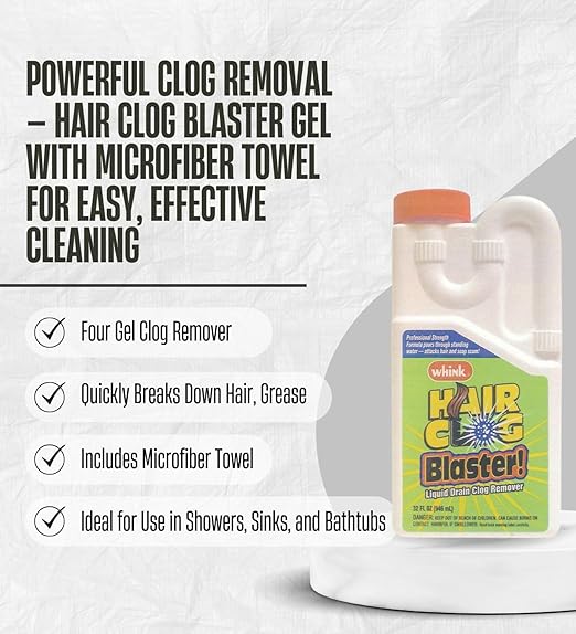 4x Whink Hair Clog Remover 32 oz Bundle with Microfiber Cloth – Hair Clogged Drain Remover – Shower Drain Cleaner for Bathroom and Septic Systems – Gift Set (5 Items)