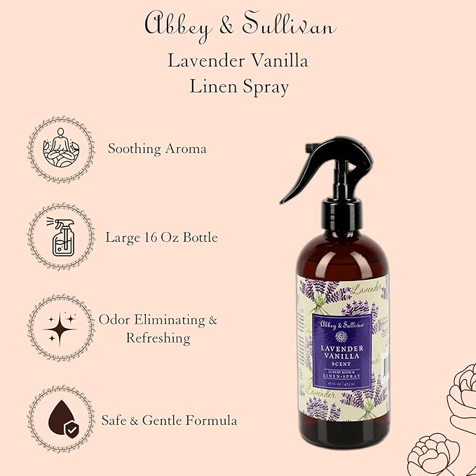 Abbey & Sullivan Linen Spray, Lavender Vanilla, Fabric Freshener and Odor Eliminator, Pack of 2, 16 oz