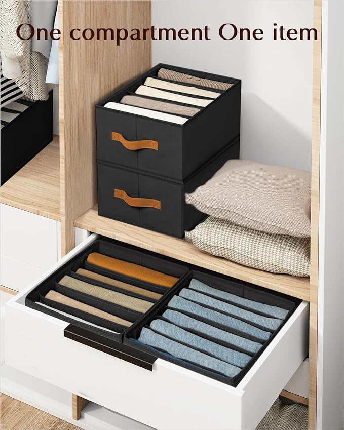Homsorout Clothes Organizers and Storage - 4/5/7 Grids Fabric Jeans Organizer with Handles, Foldable Closet Organizers Dividers, Wardrobe organizer for Pant, Sweater, T-shirt, Scarf, 3 Pack, Black