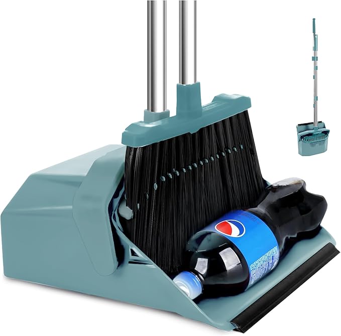 Upgrade Broom and Dustpan Set, Broom with Dustpan Combo Sets, Large Brooms and Dust Pan with Handle, Self-Cleaning Dust Pans, Heavy Duty Broom and Dustpans Set for Lobby Kitchen Office - Green