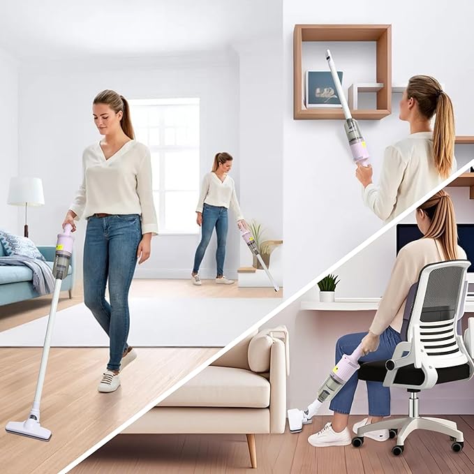 6-in-1 Rechargeable Household Stick Vacuum Cleaner, Convertible to Handheld, for All Kinds of Cleaning in Your Home on Hard Floors, Upholstery, Sofas, Cars (Pink)
