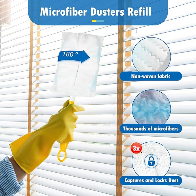 60 Count 180° Duster Refills Compatible with Dusters 180 Handle Dusters, Heavy Duty Multi-Surface Duster Replacement with 1 Extra Handle, Unscented