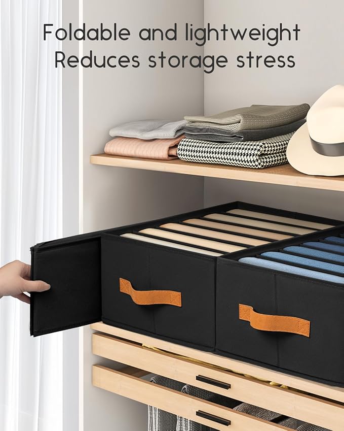Homsorout Closet Organizers and Storage - Fabric Clothes Organizer with Handles, Foldable Jeans Organizer for Clothes, Drawer Organizer for Shirts, Bra, Sweater, Scarf, 4 Pack, Black