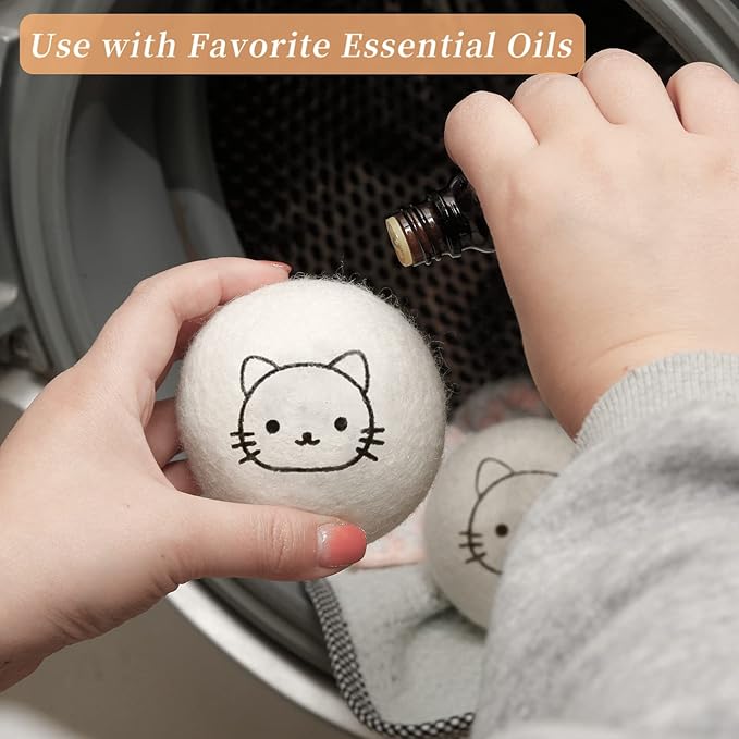 Dryer Balls Laundry Reusable, XL Wool Dryer Balls Cute Cat Face 6 Pack, Fabric Softener Ball, Extra Large Dryer Balls with Cat Pattern, Shorten Drying Time, Organic Wool - Dry 1000+ Loads