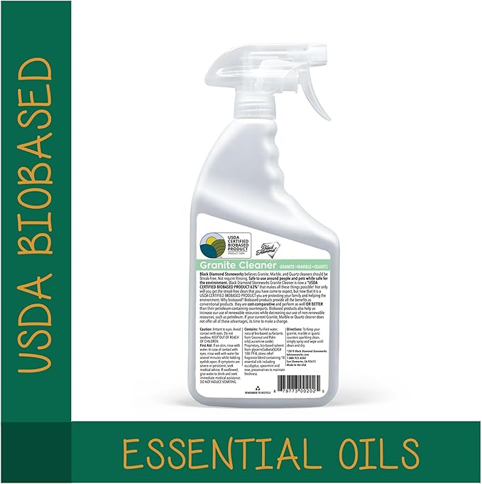 Black Diamond Stoneworks Granite Counter Cleaner: USDA Certified BIOBASED- Safe for Granite and other stone countertops. Safe for food contact formula to keep your countertops looking fresh and clean!