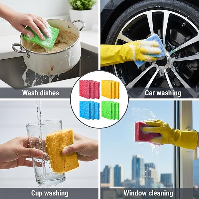 12 Pcs 4 Color Compressed Cleaning Sponge Reusable Non Scratch Cleaning Sponge for Kitchen Dish Washing Heavy Duty Scrub Kitchen Sponges for Clean Cookware Bathroom Cars