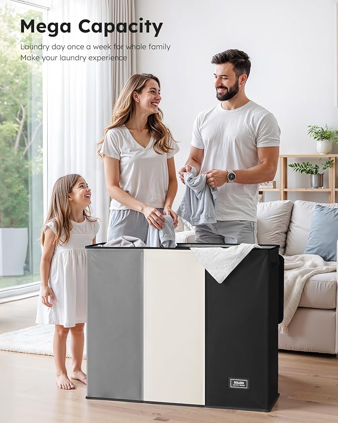 SOLEDI Laundry Hamper 3 section with lid and 3 Pcs Bag, Large Hamper 3 compartment 180L, Laundry Basket Laundry sorter Clothes hamper for Laundryroom Bedroom Blanket Storage Organizer