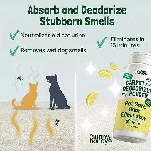 Sunny & Honey Carpet Deodorizer Powder - Pet Safe Freshener for Carpets, Pet Beds and Car Seats - Lemon Odor Eliminator for Cat Urine and Wet Dog Smells (20 oz)