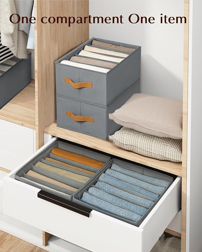 Homsorout Clothes Organizers and Storage - 4/5/7 Grids Fabric Jeans Organizer with Handles, Foldable Closet Organizers Dividers, Wardrobe organizer for Pant, Sweater, T-shirt, Scarf, 6 Pack, Pale Grey