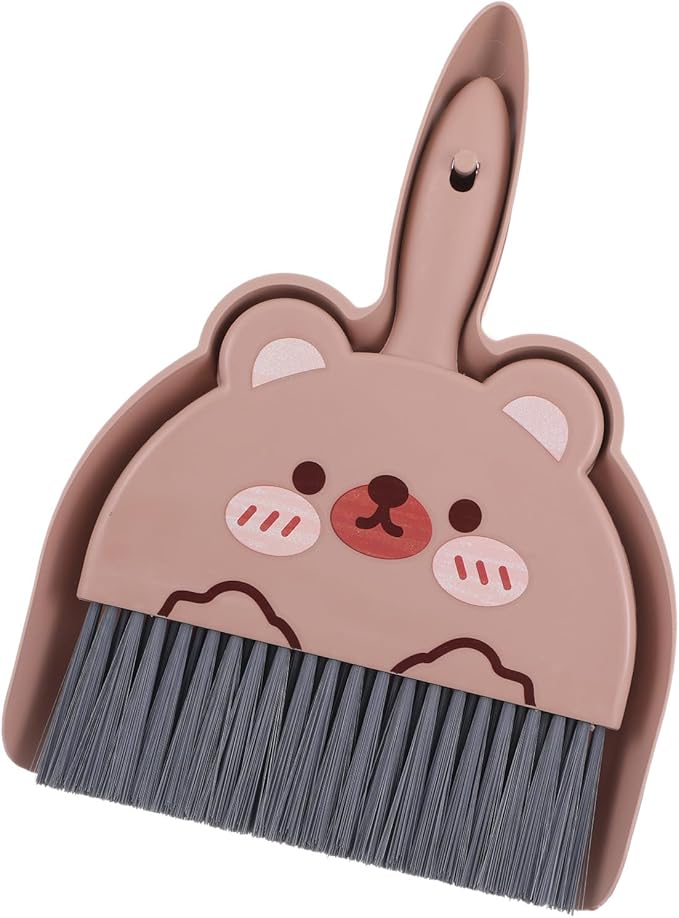 Portable Hand Broom and Dustpan Set, Cute Mini Dustpan and Brush with Bear Pattern, Small Cartoon Space Cleaning Tool for Home Office Desktop Car Camping Kitchen Tabletop (Brown)