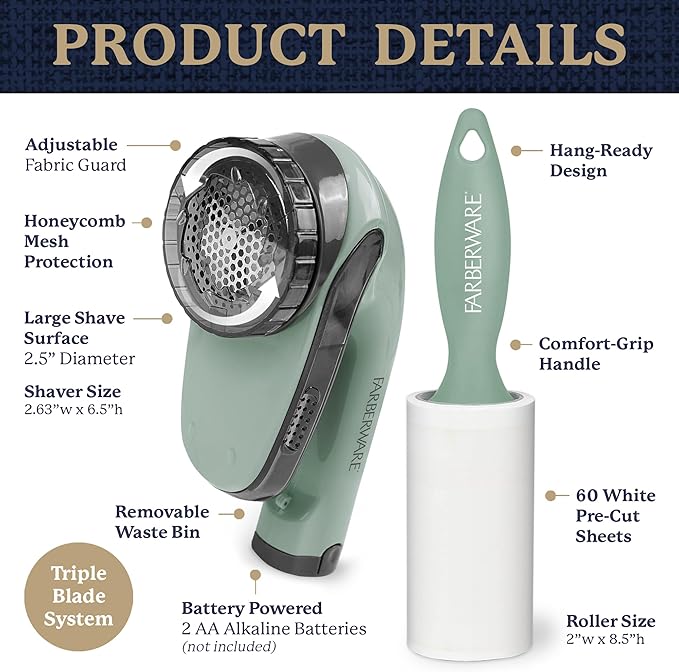 Farberware Fabric Shaver & Lint Remover Set–Battery Operated Sweater Shaver with Triple Blades and Extra Sticky Roller for Pet Hair, Fuzz & Pilling on Clothes, Upholstery & Bedding (Sage, Large)