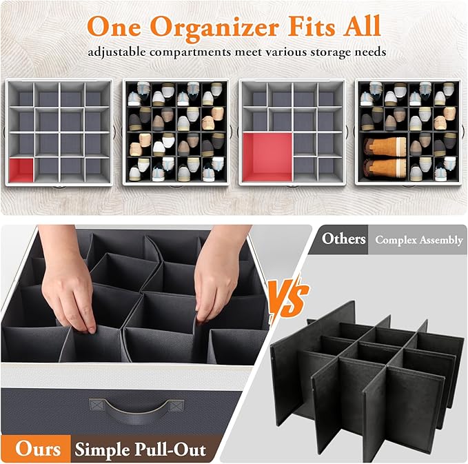 StoreHappily Shoe Organizer for Closet - 2 Packs Hold up to 32 Pairs, Large Shoe Storage Organizer Containers with Adjustable Dividers, Clear Cover, Leather Handles for Heels, Boots, Sneakers (Gray)
