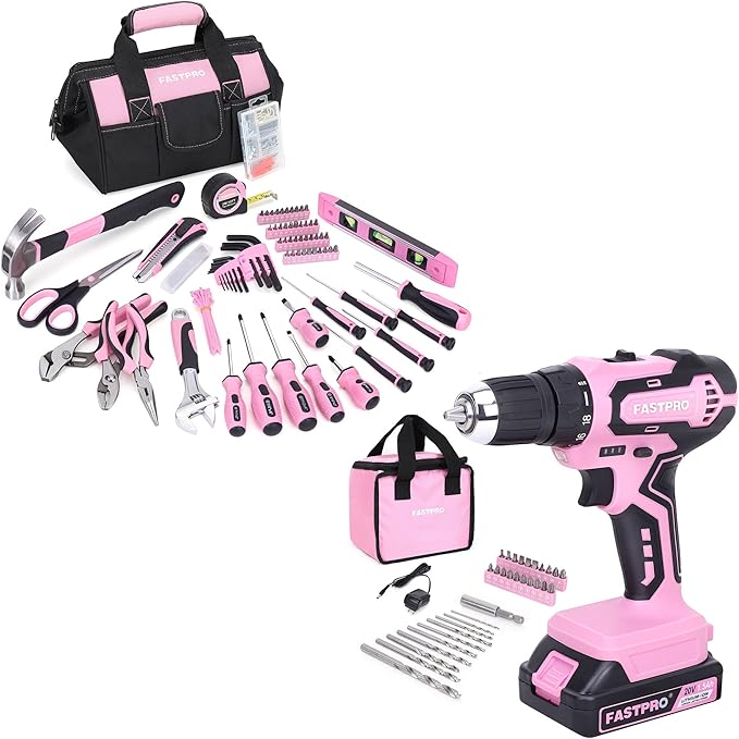 FASTPRO Pink Tool set -220-Piece Lady's Home Repairing Tool Kit & 20V Pink Cordless Lithium-ion Drill Driver