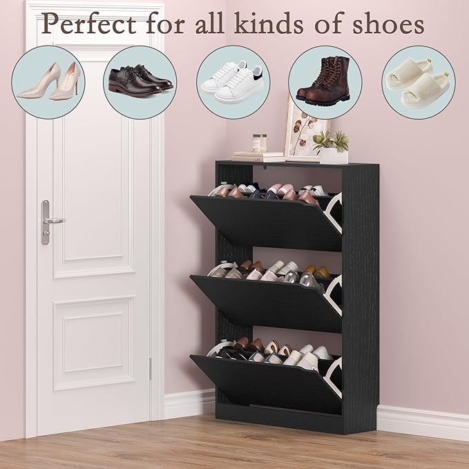 BORNOON Shoe Storage Cabinet with 3 Flip Drawers,Narrow Shoe Rack Cabinet,Freestanding Organizer Storage for Entryway, Hallway, Black