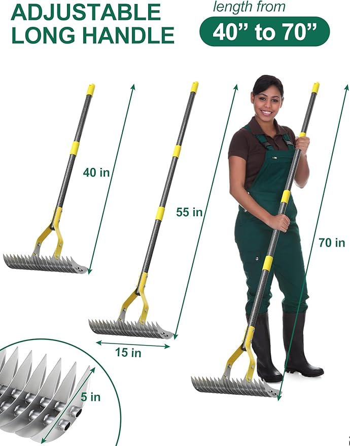 Thatch Rake, 2-in-1 Lawns Manual Dethatcher with Adjustable Head, 70" Heavy Duty Metal Dethatching Rake Garden Tools, 19-Tooth Sharp Blade for Yard Dead Grass, Moss Removal, Soil Loosening
