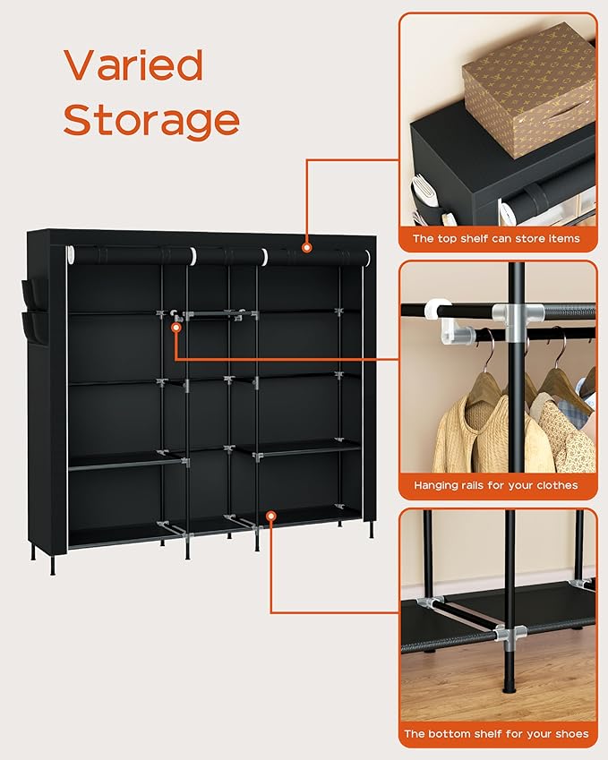 CASAMAYA Portable Closet, 77.6 Inch Extra Large Capacity Wardrobe Closet with Cover, Clothes Storage Organizer with Shelves and 3 Hanging Rods, Easy to Assembly, Black PCT223B01