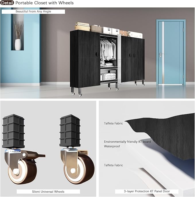 Foldable Portable Armoire Wardrobe Closet for Hanging Clothes Rack, Heavy Duty Covered Clothes Rack with Cover(HARDBOARD Magnetic), Closet Garment Rack for Bedroom Storage (KT Black, 74.8in)