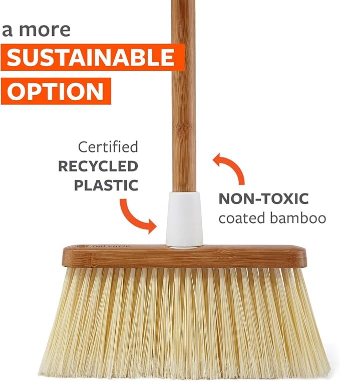 Full Circle Clean Sweep - Bamboo Broom - Angled for Precision in Tight Spaces, with Stiff Flagged Bristles for Indoor & Outdoor Cleaning - Ideal for Pet Hair, Kitchen, Hardwood, and Garage, White