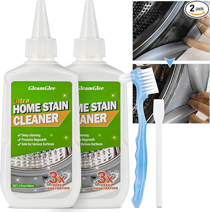 GleamGlee Home Remover Gel, 2 Pack Powerful Washing Machine Gasket Cleaner, Heavy Duty Cleaning Solution for Washing Machine, Refrigerator Strips, Bathroom Grout, Tiles, Sink, Shower - 10 Fl.Oz