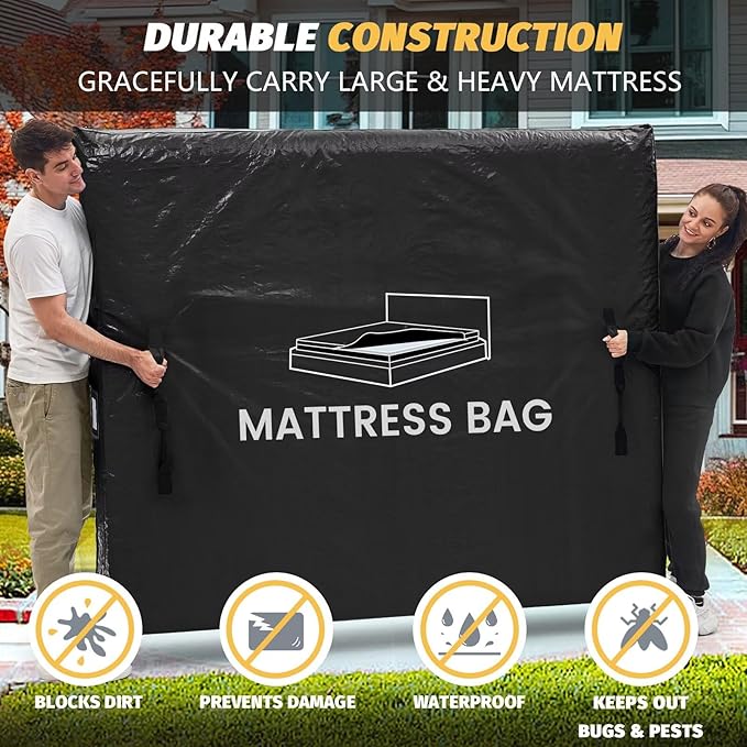 Mattress Bags for Moving and Storage, BETU Waterproof Mattress Protector King Mattress Cover with 8 Heavy Duty Handles and Zipper Extra Thick Moving Supplies for Bed Reusable (82x79x13.5 Black)