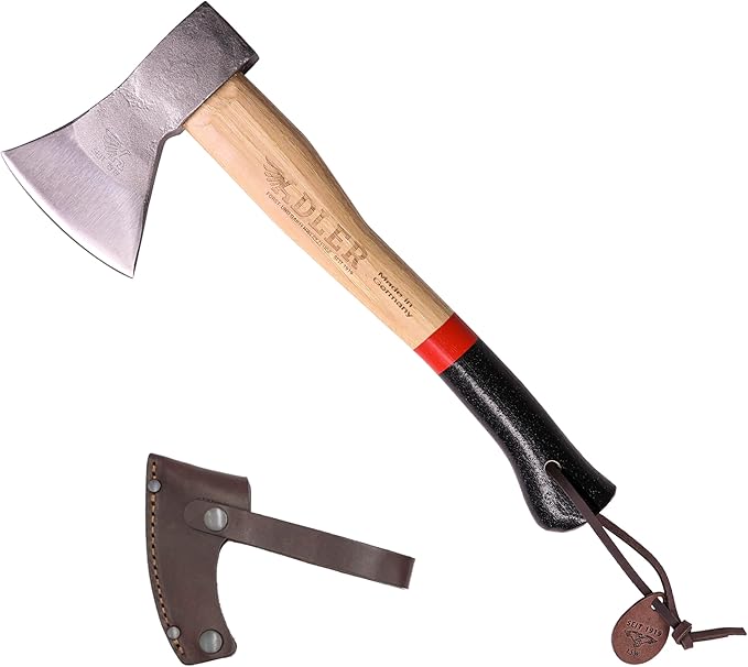Adler Rheinland Camping Hatchet with Leather Sheath - German Forged, 14" Hickory Handle, Compact Hatchet for Hiking, Bushcraft, Wood Carving, Preparing Kindling (Red Stripe)
