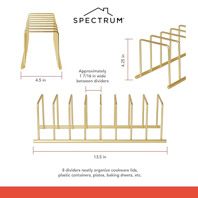Spectrum Euro Kitchen Organizer Metal Dish Rack Cutting Board Holder Stand for Countertop or Inside Cabinet Organization, 8 Slot Cutting Board Plate Drying Rack for Bakeware Storage, Gold