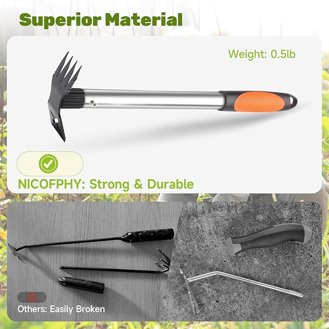 Weed Puller Tool 2 Pack, 2 in 1 Manual Weeding Rake and Garden Hoe, 17" Uprooting Weeder Remover Tool for Yard Lawn Patio and Garden, Portable Gardening Hand Tools for Veggies Flower Planting