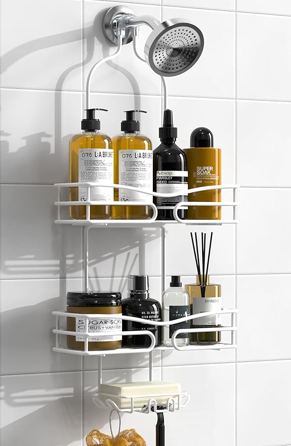 DAOYA Over Head Shower Caddy - Bathroom Shower Organizer with Soap Holder & 6 Hooks for Towels, White, 76L Capacity, Hanging Mount, Rust Resistant