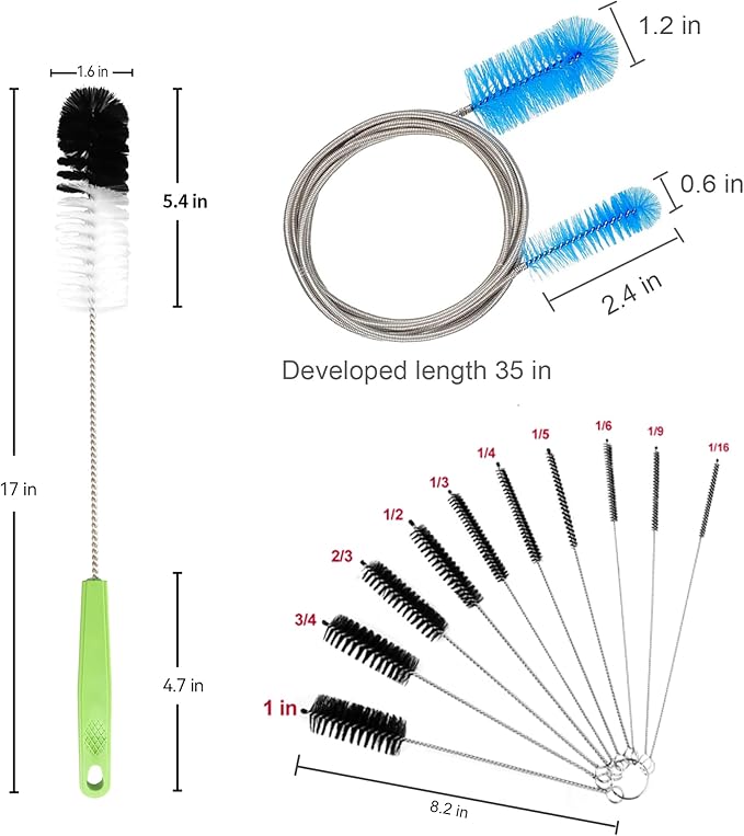 Set of 12 Tube Pipe Cleaners Kit - for Cleaning Narrow Neck Bottle, Curved Glass Tube, Hard-to-Reach Crevices,17” Long Handle Brush,8.2” Multi-Diameters Brushes,35” Flexible Dual-Head Cleaner