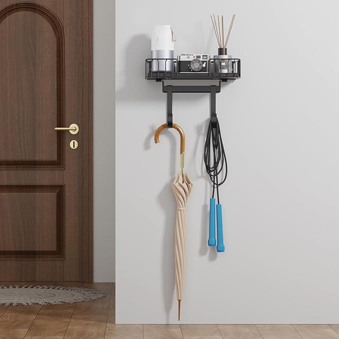 ORLESS Ironing Board Hanger Metal Wall Mount Iron and Ironing Board Holder, Laundry Room Decor and Storage with Large Storage Black Wooden Base Basket