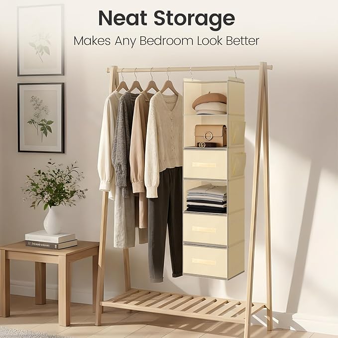 Hanging Closet Organizer 6-Shelf with 3 Drawers & Side Pockets, Closet Organizers and Storage for Dorm, Nursery & Wardrobe Organization, Hanging Shelf Clothes Organizer for Sweaters, Shoes, Beige