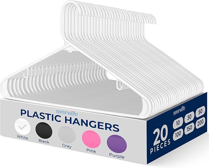 SereneLife Premium 20 Pack Plastic Hangers, Lightweight, Durable, Space Saving Clothes Organizers, Suitable for Shirts, Sweaters, Hoodies, Dresses, Kids Clothes, Good for Home Organization (White)