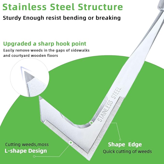 Crack Weeder, Crevice Weeding Tool with Upgrade Sharp Hook Point, L-Shaped Weed Puller Tool with Beech Wood Handle, Efficient Manual Weeder for Sidewalk, Paver, Narrow and Wall Gaps