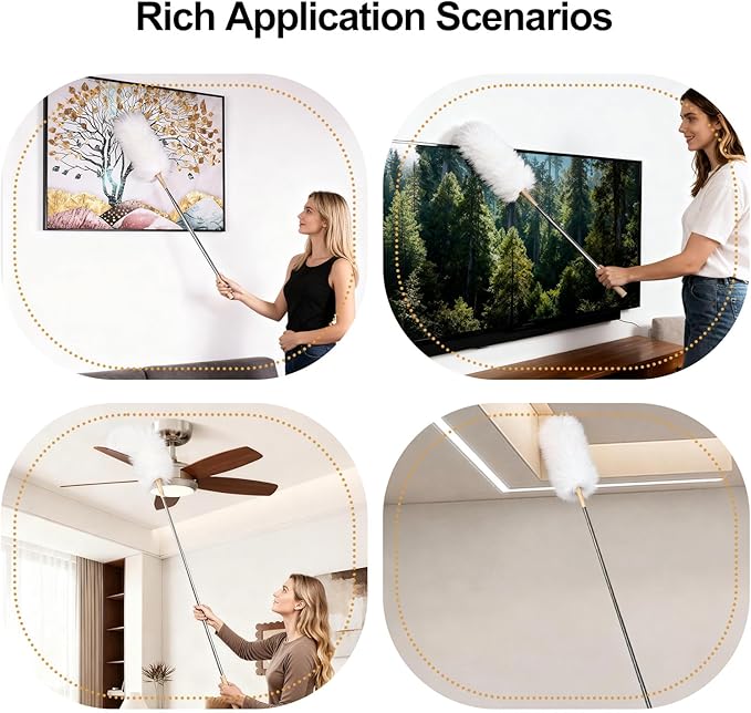 White Lambswool Extendable Duster, 32-98 Inch Bendable Wool Head with Anti-Static Properties and Stainless Steel Extension Pole for Ceiling Fans, High Walls, and Roof Dusting(Two Pack)