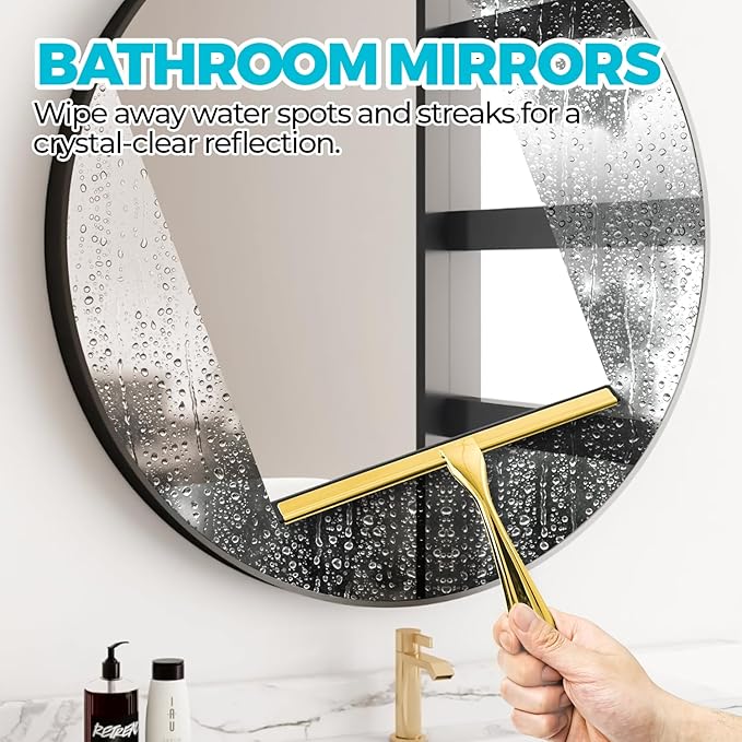 2PACK 9.5-Inch Golden All-Purpose Shower Squeegee for Shower Doors, Bath Linen Sets, Tile Shower Walls, Bathroom, Window, Glass and Car Windshield, Mirrors and Kitchen-Stainless Steel