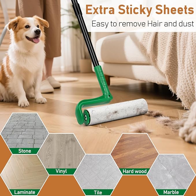 10" Large Lint Roller for Pet Hair Extra Sticky with Extra 3 Refills, Long Handle Floor Sticky Rollers with Big Lint Rollers Refills for Cleaning Carpets, Cars, Furniture