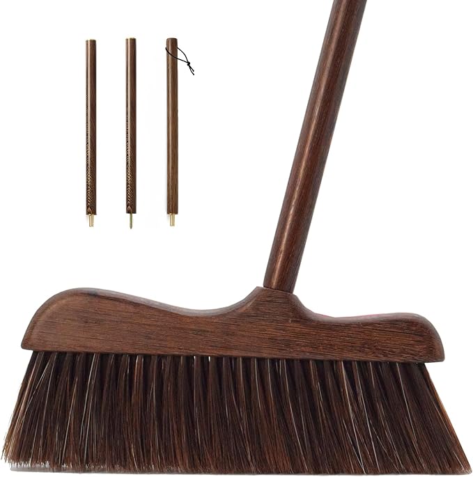 Wood Broom with Long Handle Soft Bristle Sweeper Broom Indoor Hand Brooms for Home Kitchen Office Pet Hair Removal