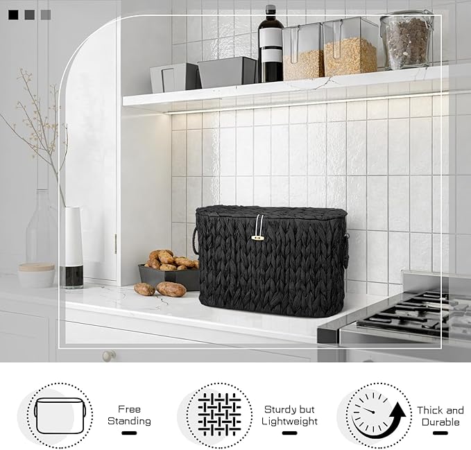 Kathfly Black Toilet Paper Storage Basket with Lid Wicker Woven Bathroom Basket Toilet Paper Holder Holds up to 6 Mega Rolls Woven Organizer for Home Bathroom Kitchen Offices