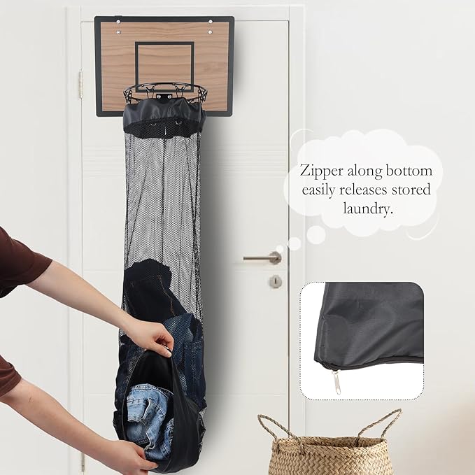 Over the Door Basketball Hoop Laundry Basket ,Wooden Basketball Laundry Hamper with Zipper for Kids Room,Dorm Rooms,Bathroom,Saving Space Storage and Organization (Walnut)