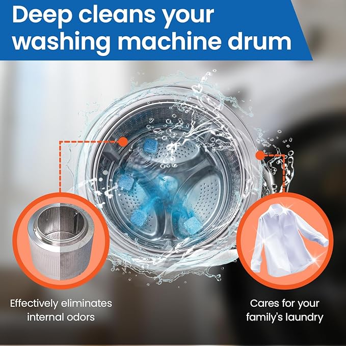 Washing Machine Cleaner tablets, 30 Count - 15 Month Supply, Deep Cleaning Deodorizer for HE Front & Top Loader Laundry Washer, Cleans Inside Drum Pump Valve Hoses, Septic Safe, Lemon Secent