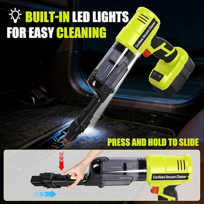 Cordless Vacuum Cleaner for Ryobi 18V Battery, 105AW Brushless Handheld Vacuum with 3-Speed Control, LED Light, 4 Nozzles & 5 Filters, Portable Vacuum for Car Floor Home (No Battery)