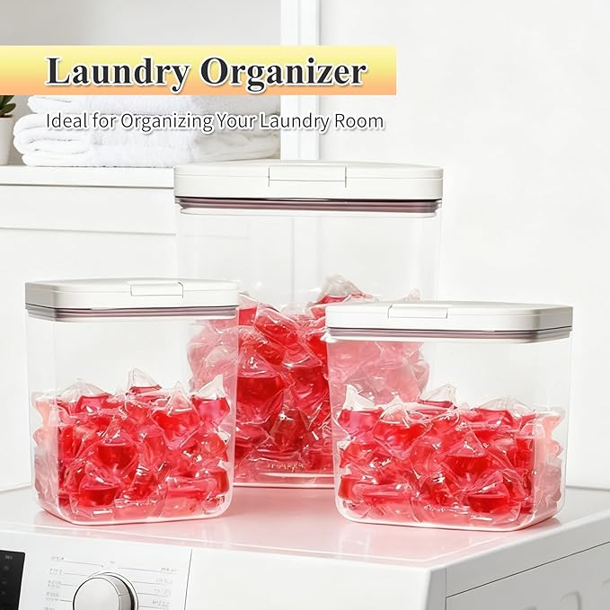 Gute Sealed Auto Pop-Up Laundry Pod Holder with Lid, 3-Piece Laundry & Dishwasher Pod Container Set for Laundry Room Organization (67oz, 94oz, 186oz Capacity)