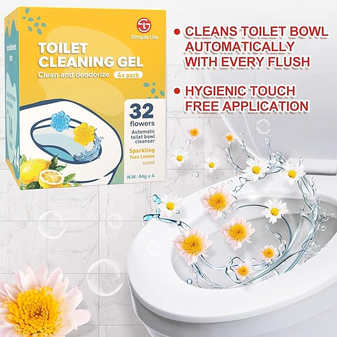 Simple Life Toilet Gel Stamp – Fresh Flower Scent, Anti-Limescale Toilet Cleaner Gel, Deodorizing & Long-Lasting Freshness, 32 Stamps, Blue & Yellow
