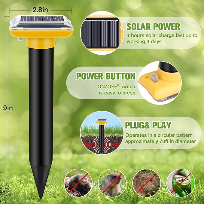 Solar Mole Repellent, Ultrasonic Gopher Repeller Outdoor, Solar Powered Waterproof Snake Repellent Deterrent Gopher Vole Snake Pest and Other Animals from Lawn Garden Yard Home(2 Packs)