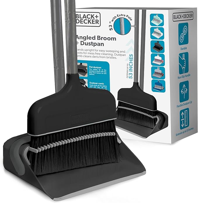 BLACK+DECKER Butler Broom & Dustpan Set - Stand-Up Design - Lightweight, Space-Saving Combo for Kitchen, Living Room, Bathroom, Lobby Floors - Home Cleaning Essential, Black/Grey