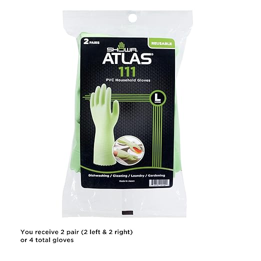 SHOWA 111 Skin-Friendly Dishwashing Gloves, Latex-Free PVC, Reusable Housekeeping Gloves with Cotton Liner, Non-Slip Grip for Kitchen & Gardening, Made in Japan, Large, 2-Pairs
