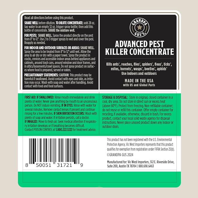 Grandpa Gus's Natural Pest Killer Spray, Ready-to-Use Indoor and Outdoor Insect Control, Kills Ants, Roaches, Spiders, Fleas, Ticks, Hornets, Wasps and More, Safe for Kids and Pets, 16 fl oz