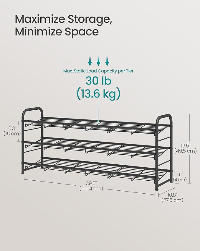 SONGMICS Stackable Shoe Rack, 3 Tier Metal Shoes Rack Storage Shelf, Holds up to 15 Pairs, Adjustable Slanted Shelves Tower Organizer for Closet Entryway Small Spaces, Black ULMR106BD01