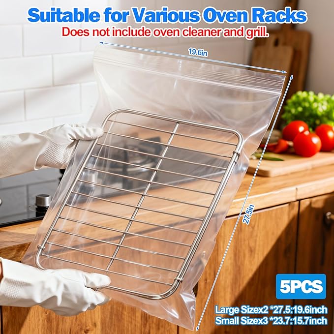 Palksky Oven Rack Cleaning Bags, Heavy Duty No Scrub Oven Rack Cleaning Bags, Reusable Leak-Resistant PE Bags for Deep Soaking Grill Grates, BBQ Racks, No Cleaner Included, 5 Pack